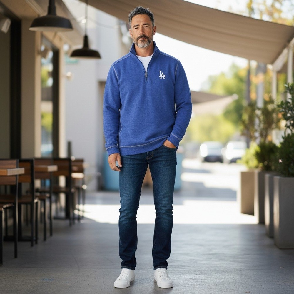 Tommy Bahama Los Angeles Dodgers Quarter Zip Pullover Large Blue MLB Slub Knit